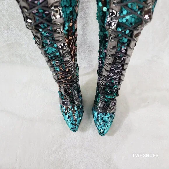 Over the Knee Thigh High Lace Up Stiletto Heel Sequin Boots Pewter - Picture 10 of 11